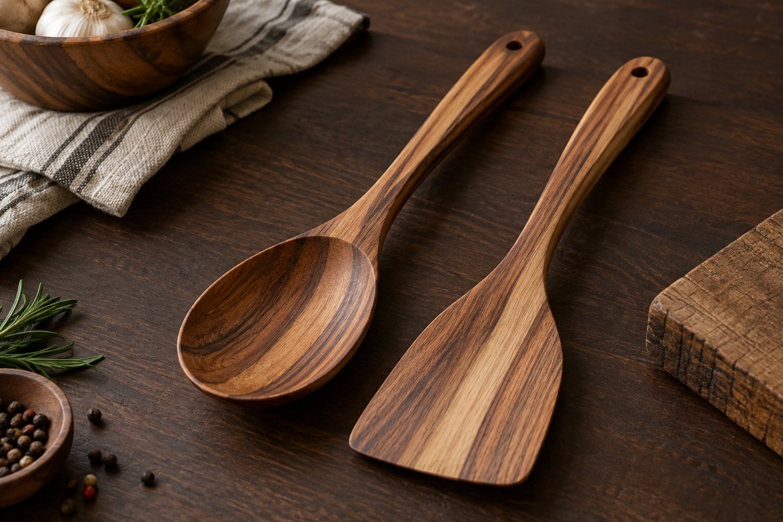 Illustration: acacia wood utensils with bold striped grain arranged on a workshop bench