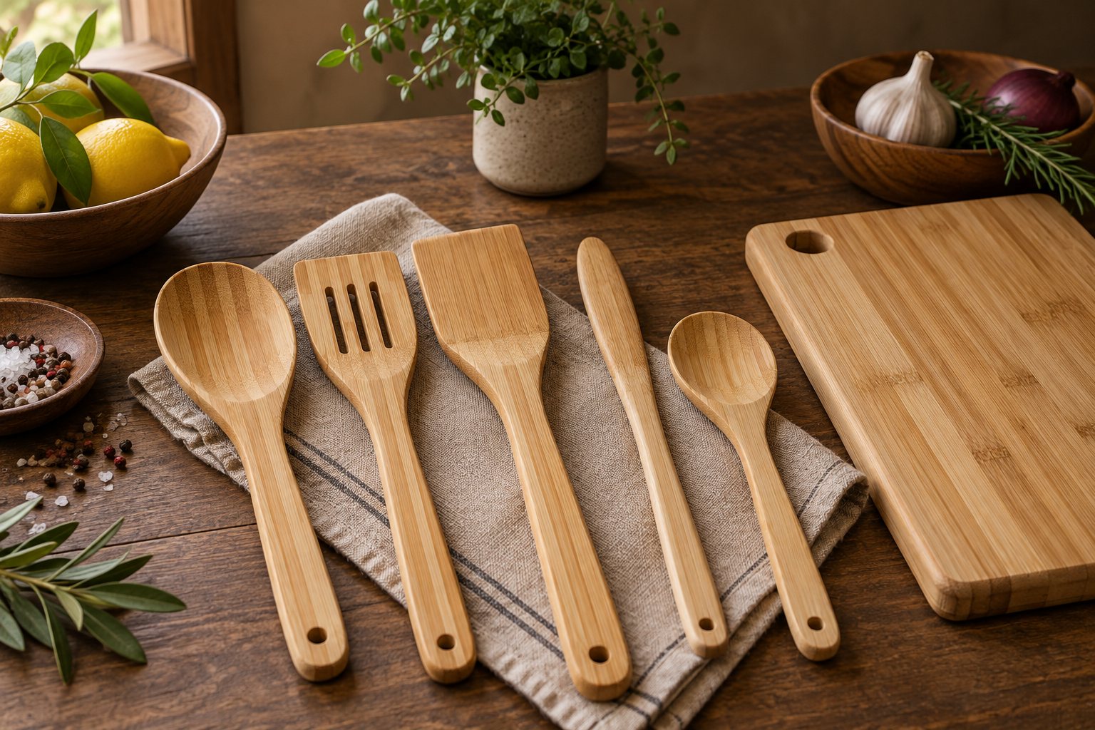 Illustration: bamboo utensil set with fine striped laminated surface on a workshop bench