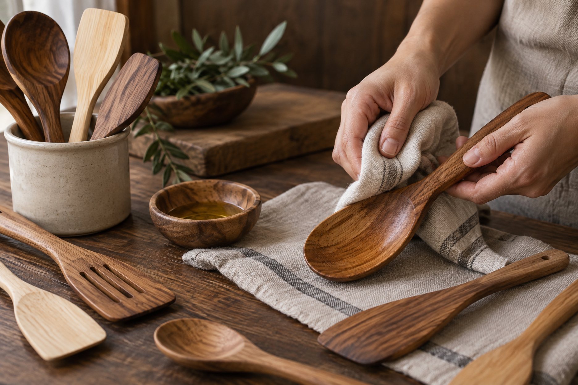 Illustration: wooden utensils drying upright in a holder beside a bottle of mineral oil and a care card