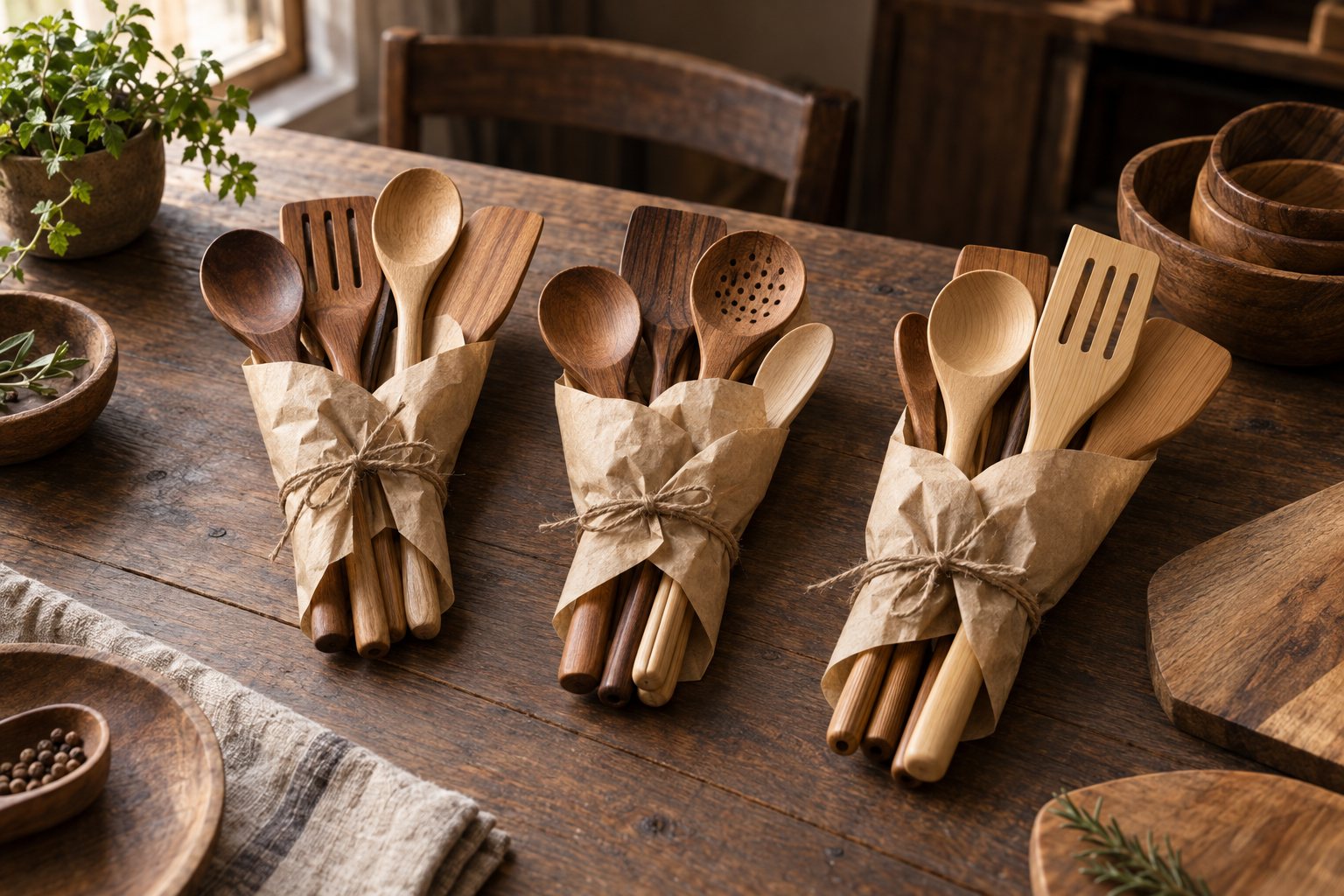 Illustration: three wooden utensil sets side by side, a teak set with sleeves, beech open stock and boxed engraved acacia