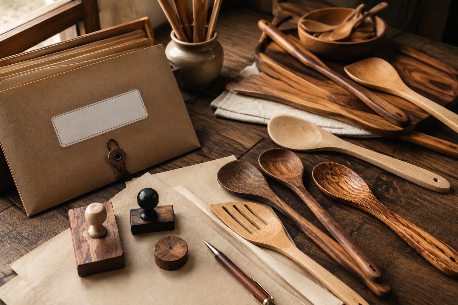 Illustration: customs paperwork beside a wooden spoon and a finish sample bottle on a clean desk