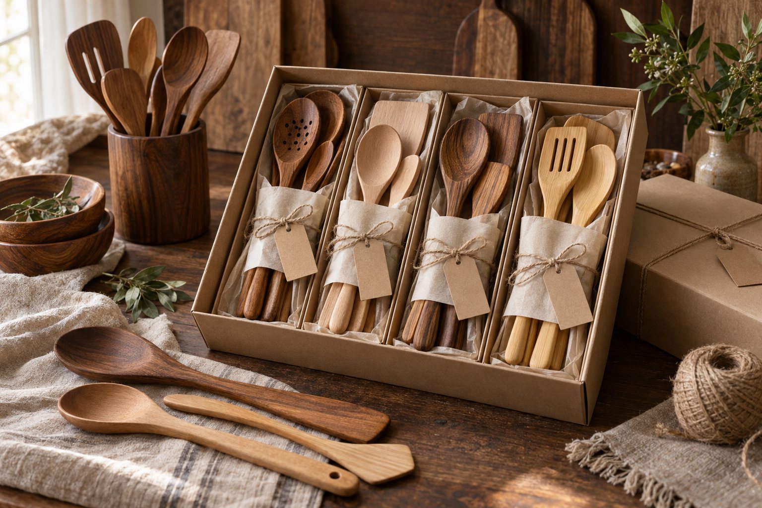 Illustration: individually boxed engraved wooden utensil sets lined up on a workshop bench