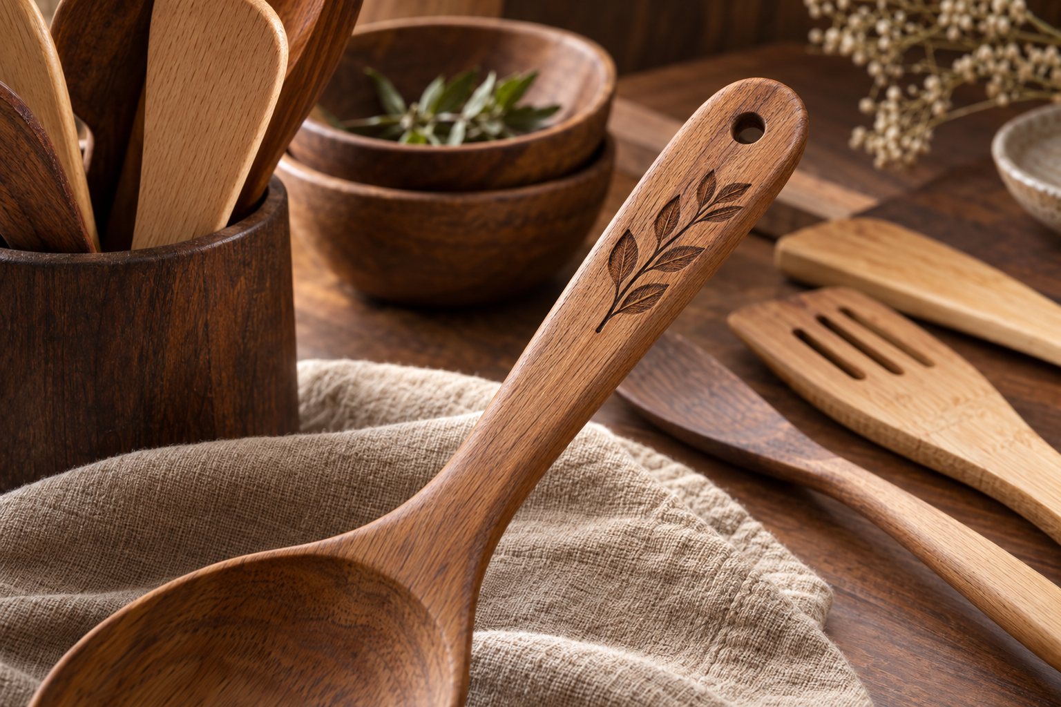 Illustration: a laser engraving head marking a wooden spoon handle on a workshop bench