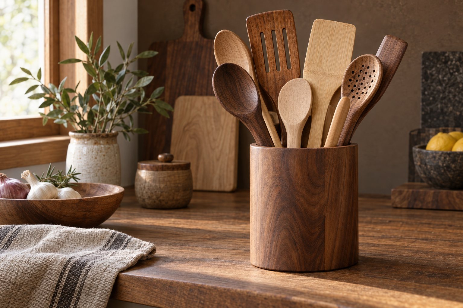Illustration: a wooden utensil crock holding carved tools on a workshop bench beside turned blanks