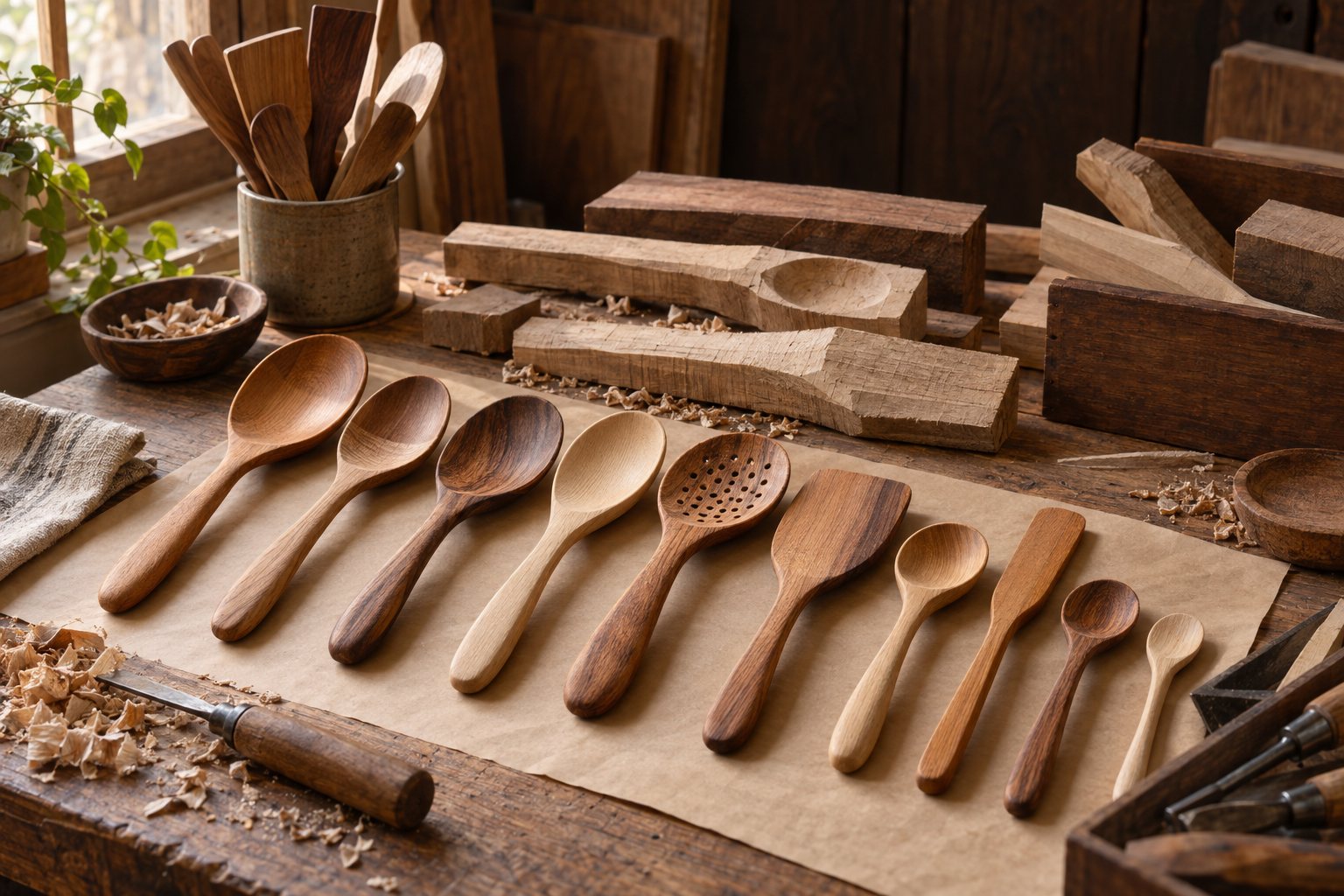 Illustration: wooden spoons in rows on a workshop bench beside carving blanks