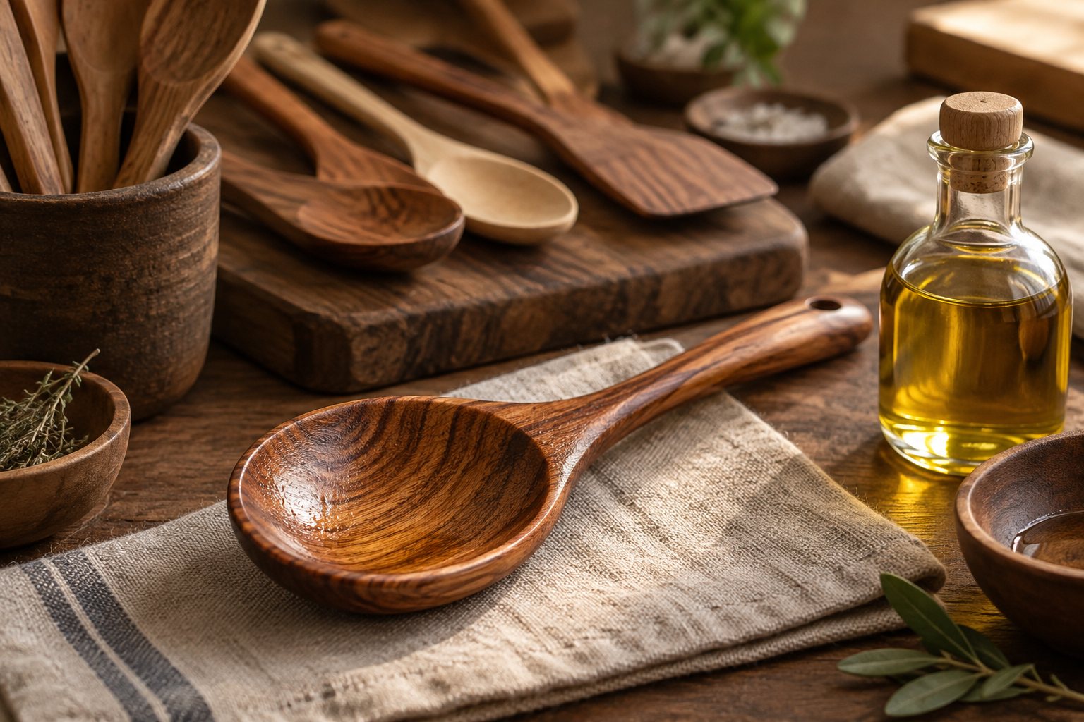 Illustration: oiled wooden utensils drying on a workshop bench beside finishing oil containers
