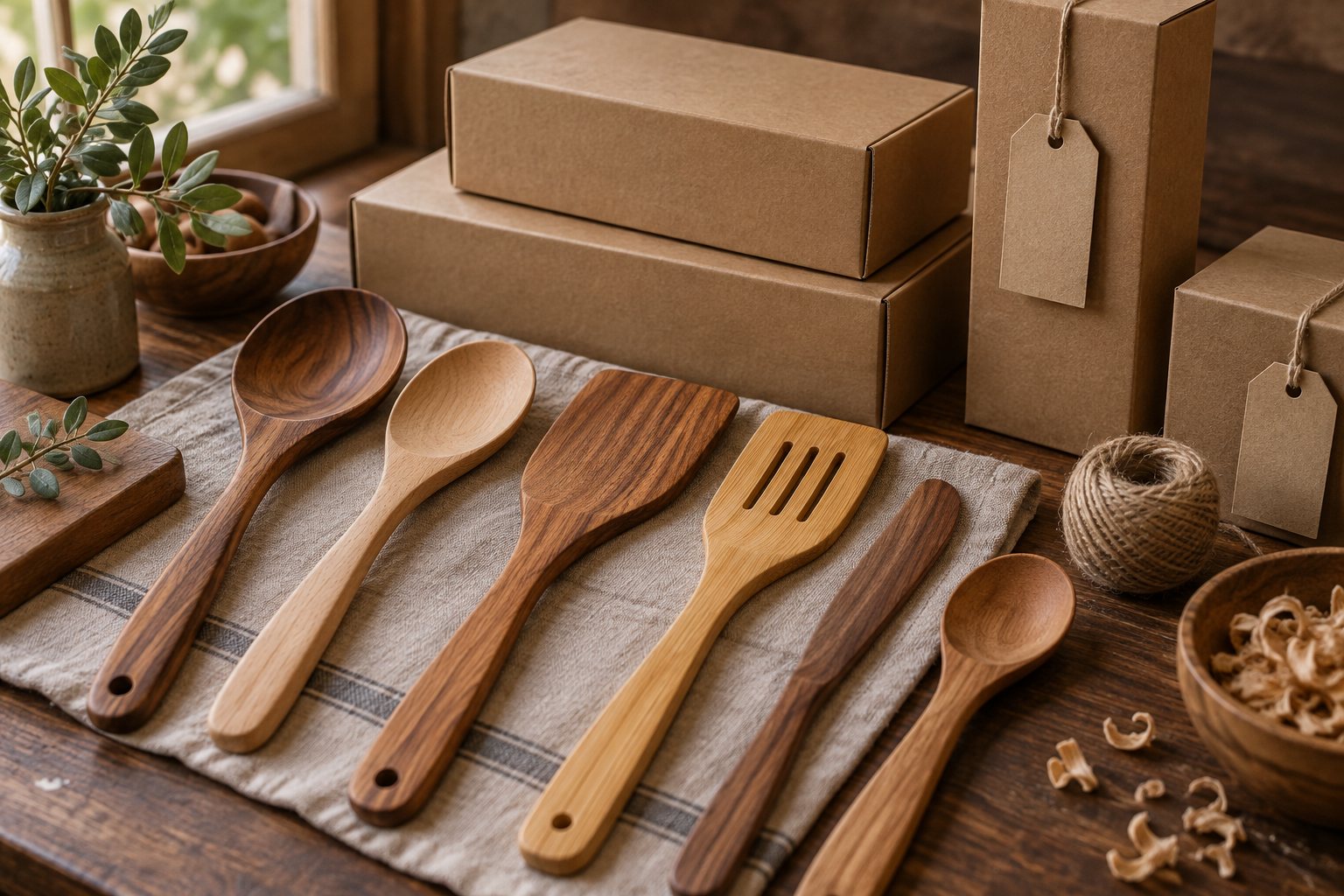 Illustration: workbench with a laser engraver marking a wooden spatula beside gift boxes and printed hang tags