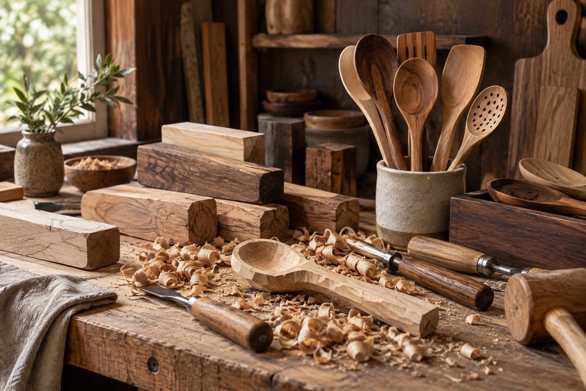 Illustration: carving bench with wooden spoon blanks, a lathe-turned handle and sanding grits laid out in sequence