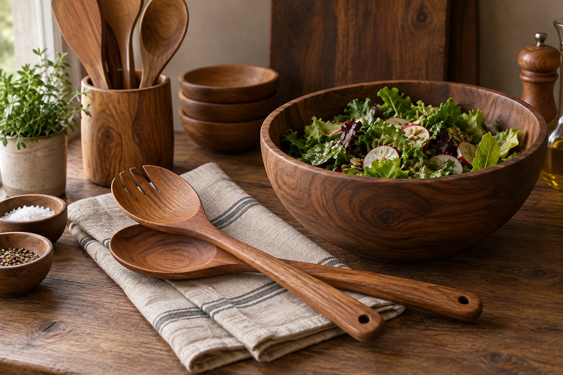 Illustration: paired wooden salad servers with fork and spoon hands resting on a workshop bench