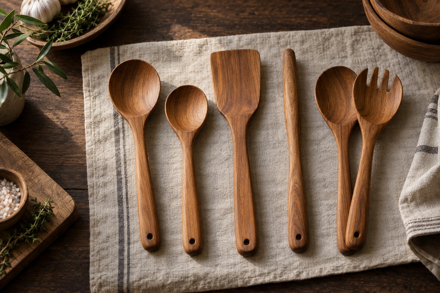 Illustration: a five piece wooden utensil set arranged on a workshop bench next to gift packaging