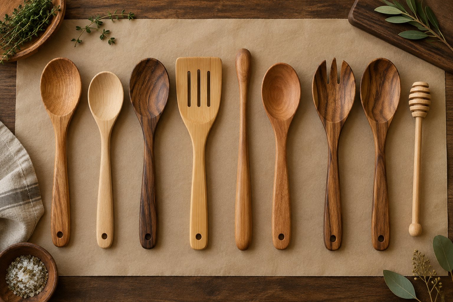 Illustration: wooden kitchen utensils of many shapes laid out on a workshop bench beside carving blanks