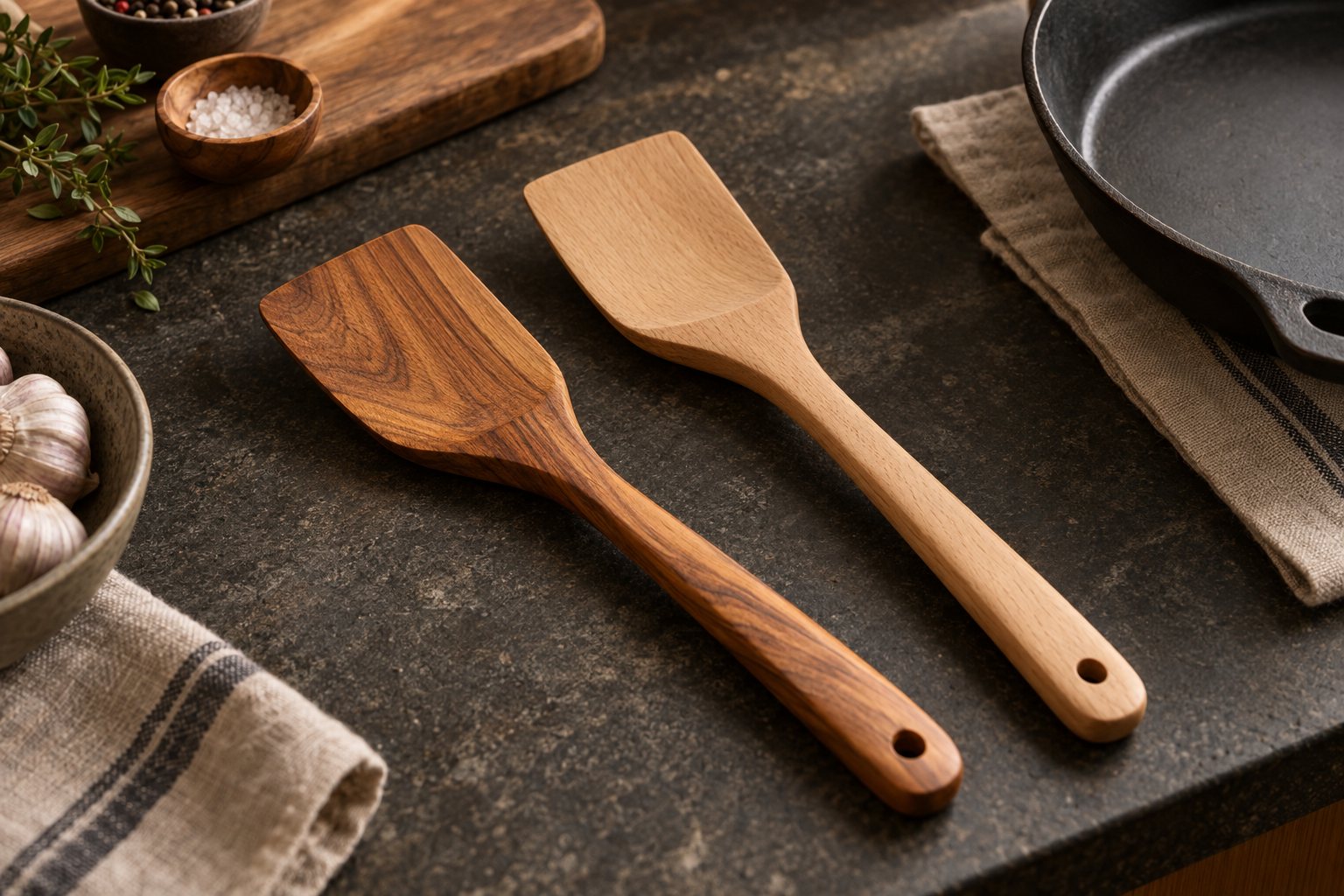 Illustration: flat wooden spatulas and turners with thin edges laid out on a workshop bench