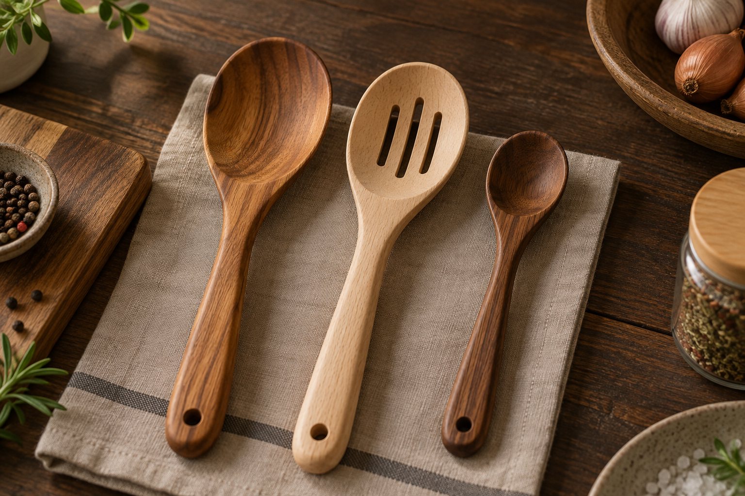 Illustration: carved wooden spoons in several bowl shapes resting on a workshop bench beside sanding grits