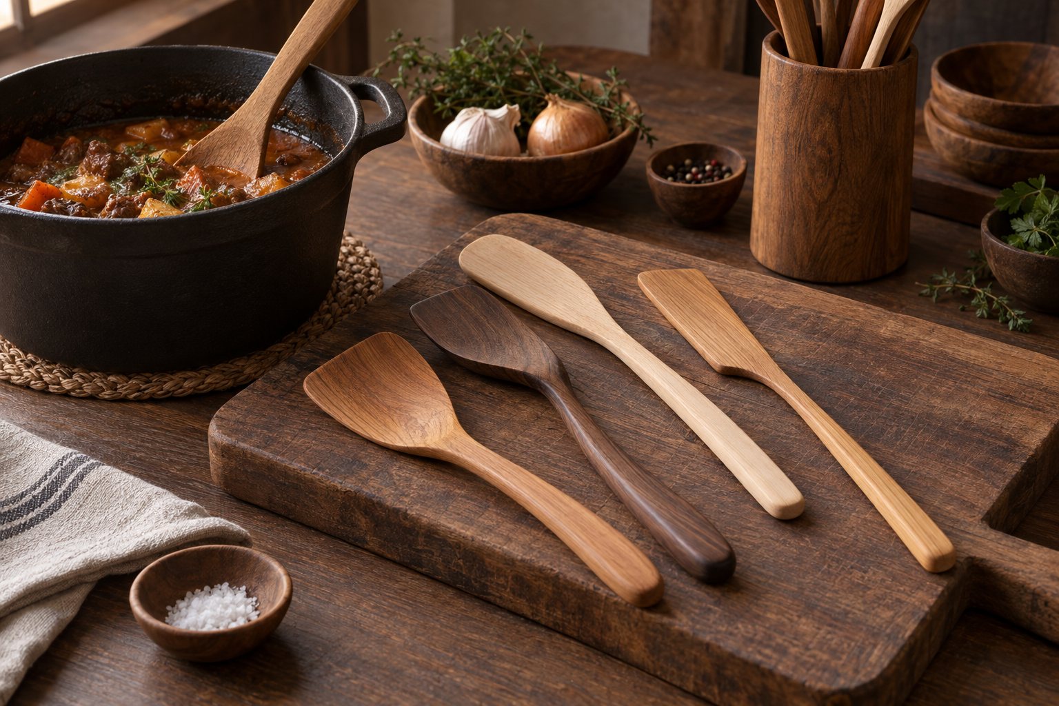 Illustration: straight and angled wooden spurtles standing on a workshop bench beside turned handle blanks