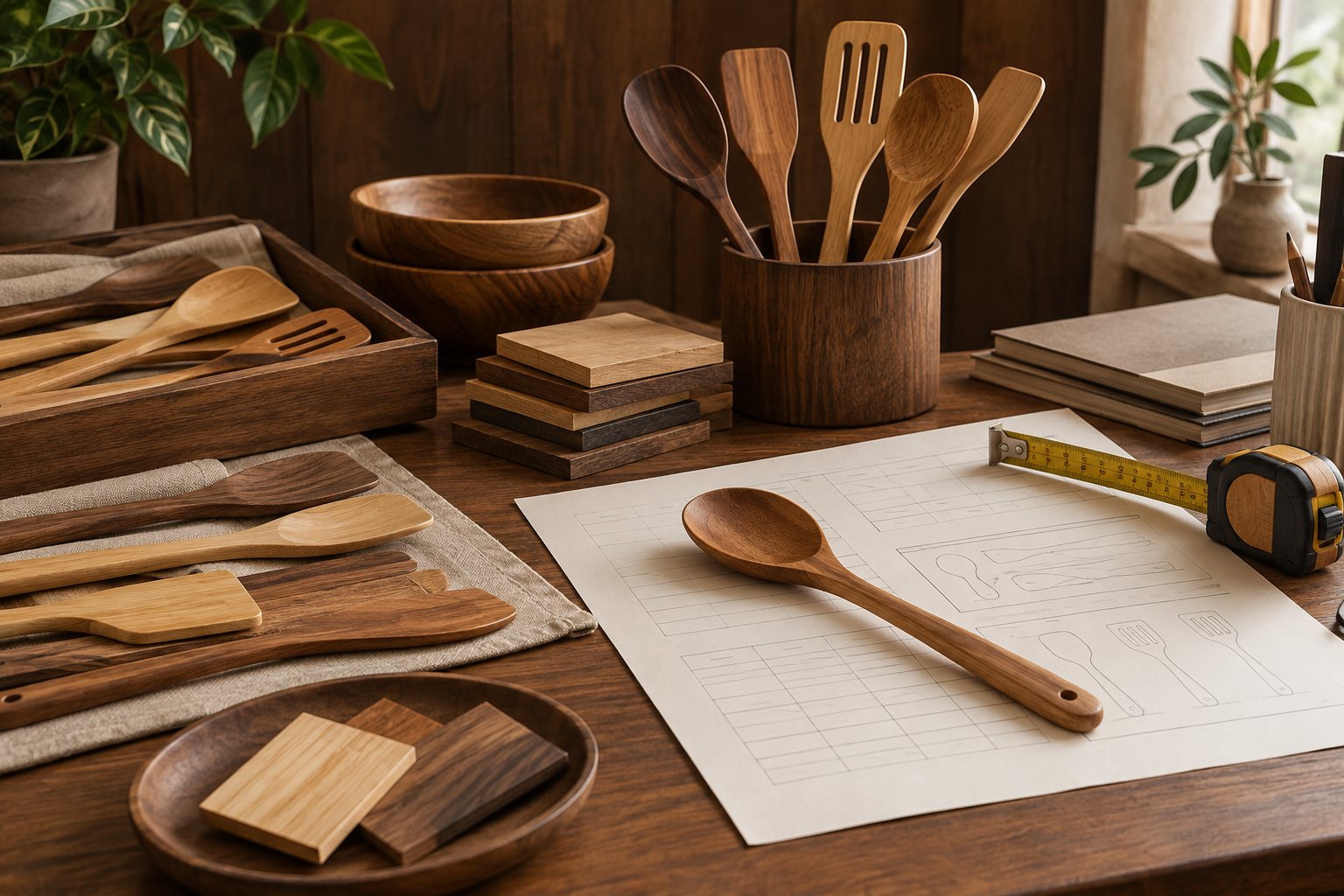 Illustration: desk with a spec sheet, a golden sample spoon on a card and printed care cards fanned beside it