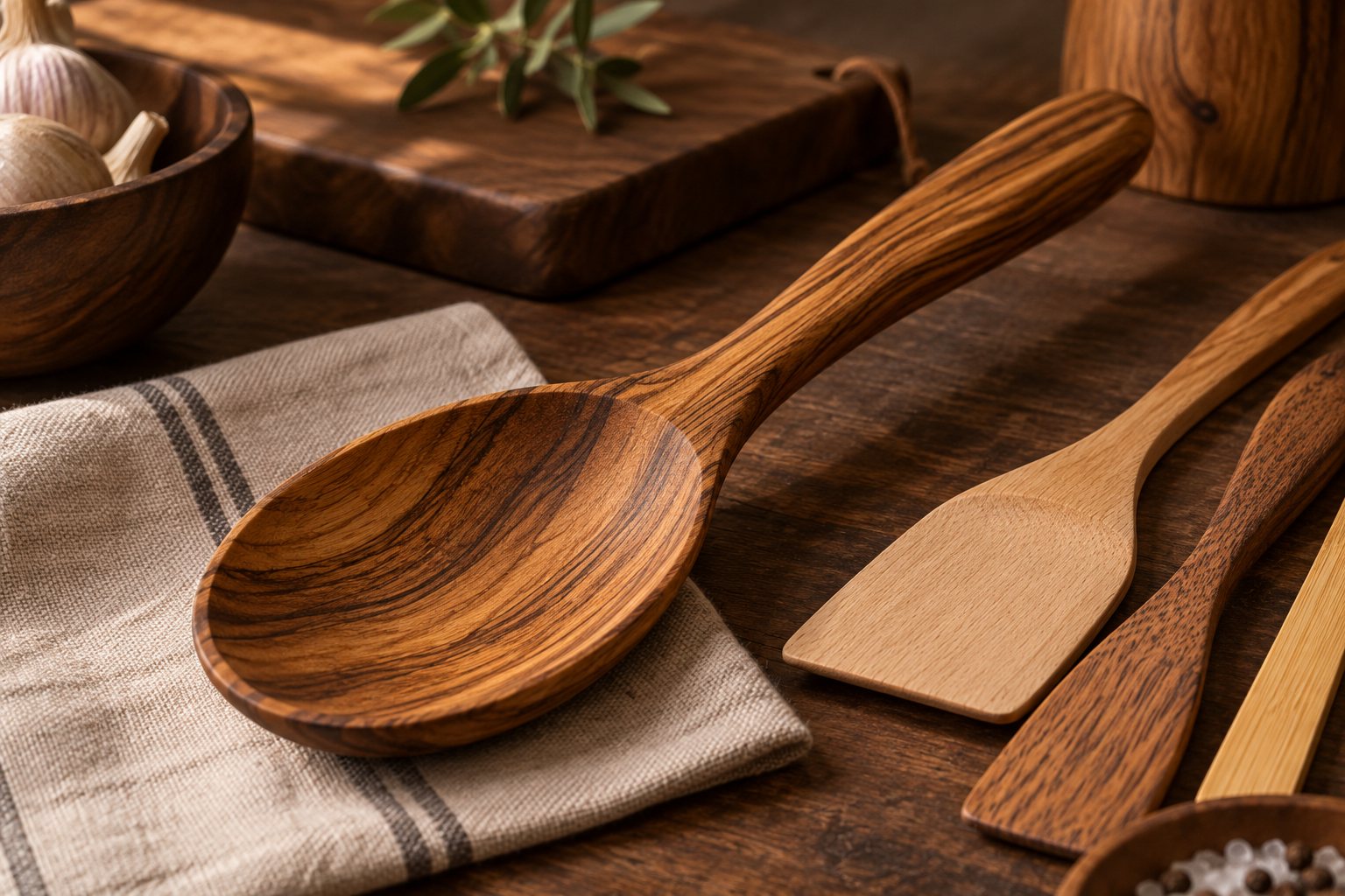 Illustration: teak utensil set with striped grain laid out on a workshop bench beside carving blanks