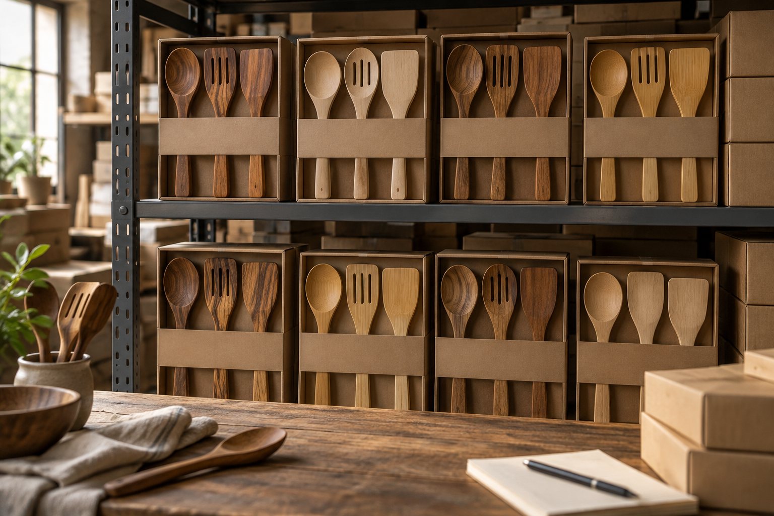 Illustration: cartons of wooden utensils stacked on a workshop bench beside packed retail sleeves