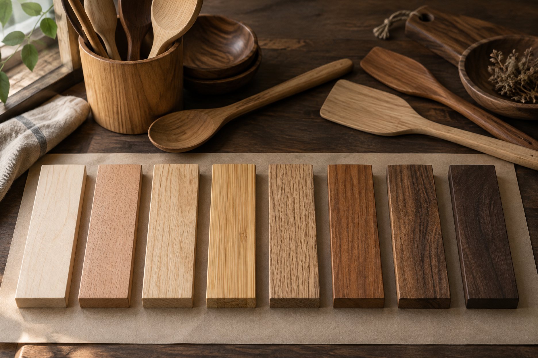 Illustration: eight wooden spoon blanks in a row, each labeled with a species name from teak to bamboo